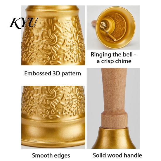 Holiday Party Decoration Vintage Hand Bell with Wooden Handle, Metal Service Call Decorative Gold for Restaurant Bar Classroom Pet Training, Christmas