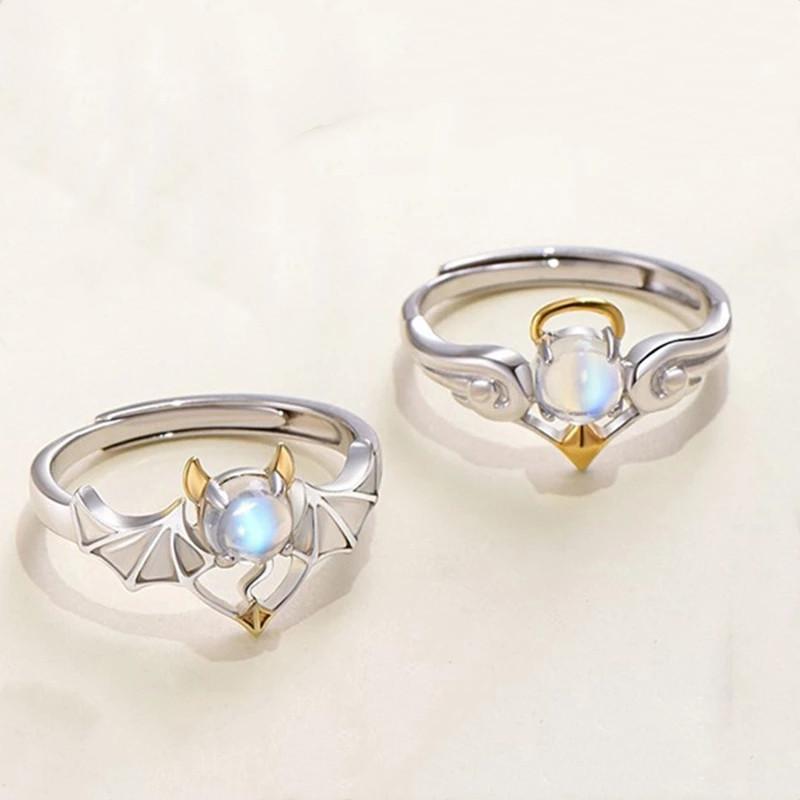 Пара открытых колец Ангел Дьявол Кольцо с лунным камнем для женщин и мужчин Открытие Регулируемое кольцо для влюбленных ювелирные изделия в подарок