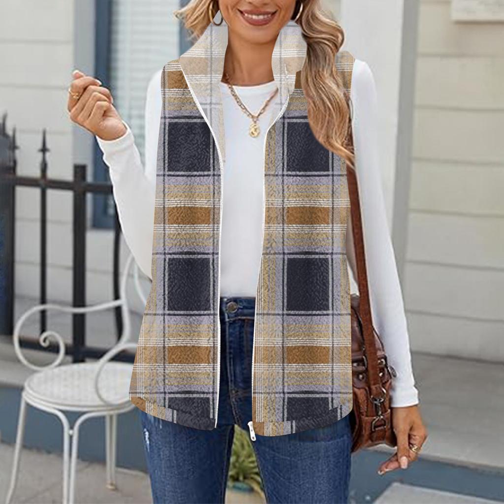 Women's Checked Print Fashionable And Warm Fleece Cardigan Vest Jacket