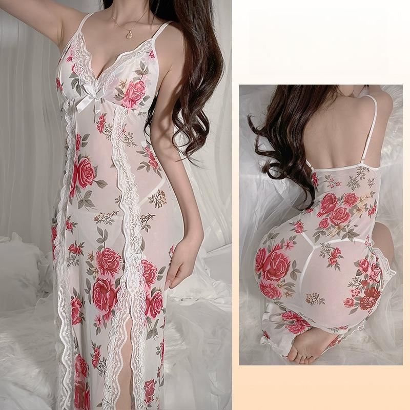 Сетчатая ночная рубашка с цветочным принтом и кружевом, прозрачная, длинная, с высоким разрезом, женская одежда для дома 769, романтичная, женственная, одежда для сна с красивыми цветочными узорами