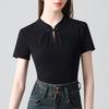 Black Stand-up Collar Chinese Button Top Women's New Retro Chinese Style Hollow Pleated Short-sleeved T-shirt for Women