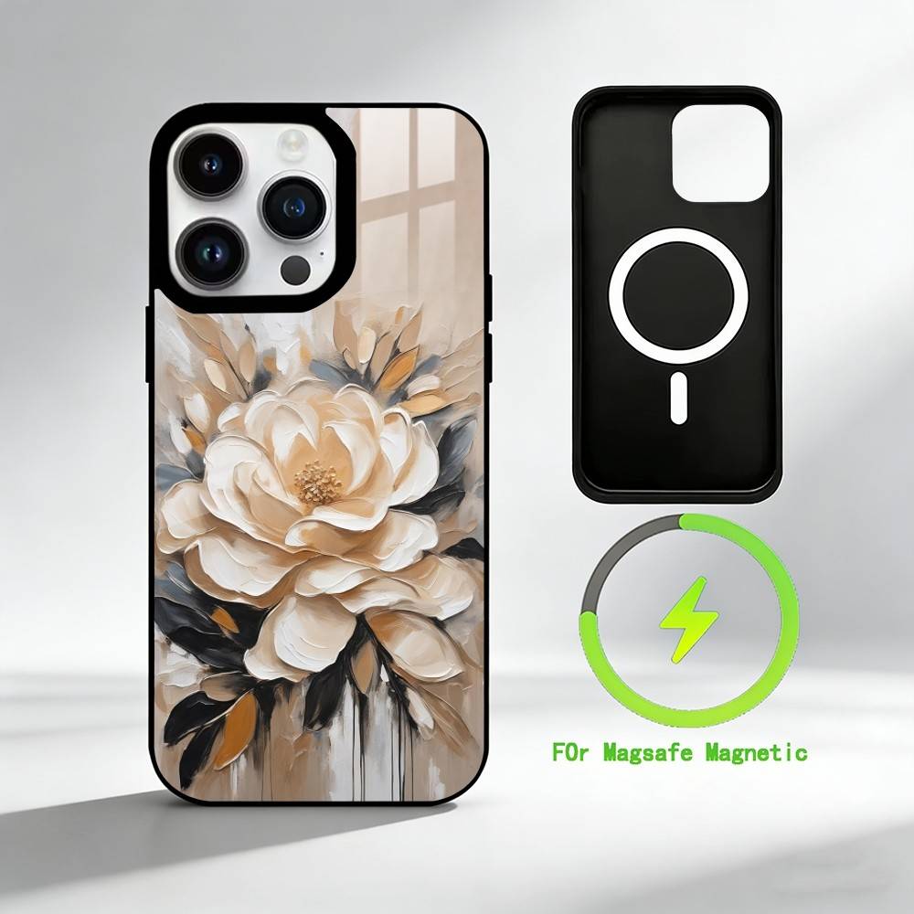 O-Oil painting daisy mobile Phone Case For iPhone 17 16 15 14 13 12 Pro Max Plus for Mirror Wireless Magnetic Cover