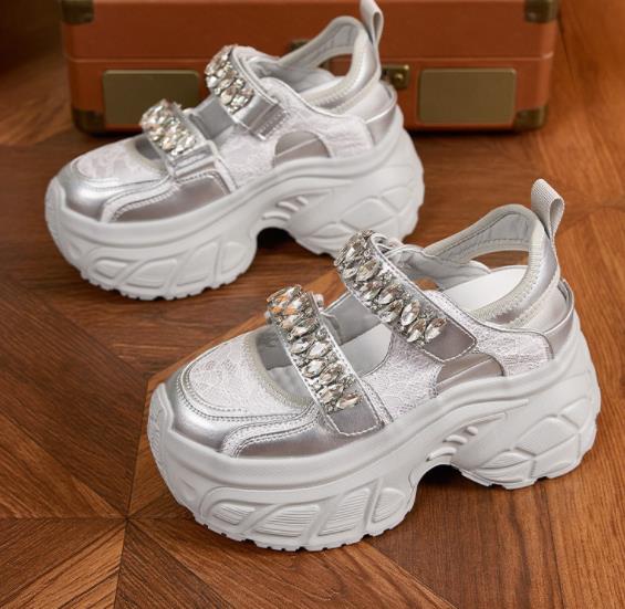 Модные 9 см Кроссовки на массивной подошве из микрофибры и сетки, Высокий бренд, Удобные ботильоны, Модные летние ботильоны на крючках, Блестящая обувь для женщин