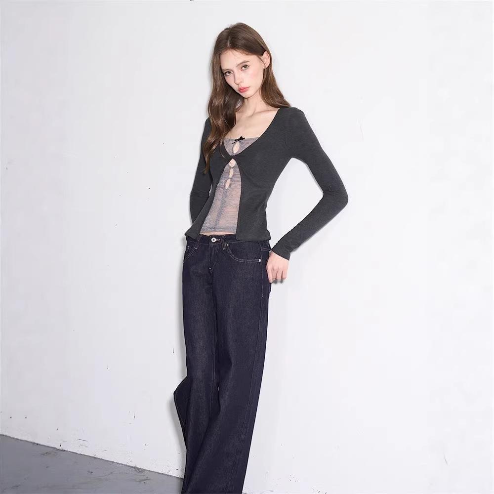 Hollow lace mesh long-sleeved t-shirt women's early spring new slim-fit waist bottoming shirt sexy hottie top