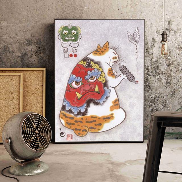 Solid Wood Frame Japanese Floating Samurai Cat Canvas Painting Retro Style Posters and Prints Wall Art Pictures for Living Room Wall Decor