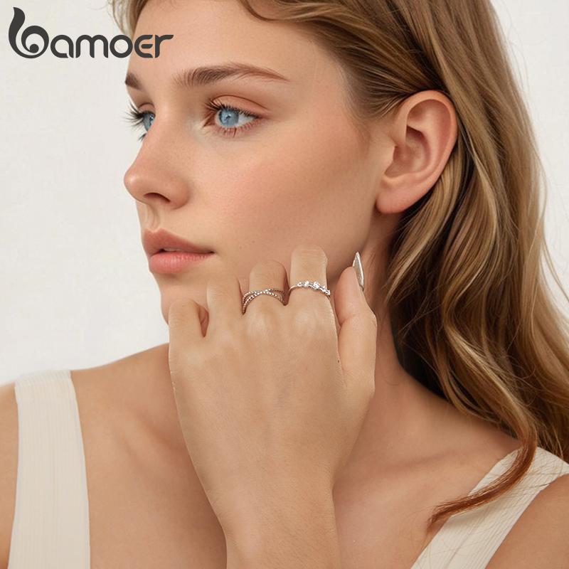 BAMOER 14K Gold Plated X Ring Simulated Diamond CZ Criss Cross Ring for Women, 925 Sterling Silver Eternity Wedding Band Ring