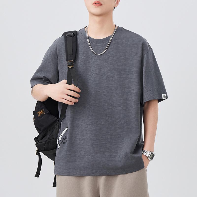 Летняя вышитая футболка с коротким рукавом для мужчин Свободная футболка с круглым вырезом и рукавом до локтя Универсальный отдых Простой