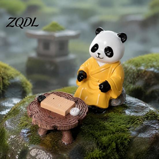 Unique Gift for Tea Culture Lovers Panda Playing Go Chess Figurine, Resin Zen Robe Tabletop Collectible Art Living Room Ornament, Cute Statue