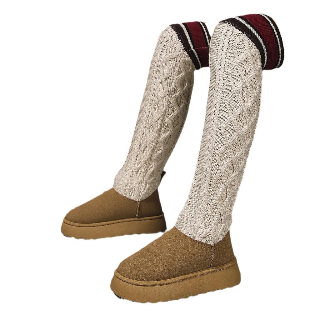 Мода 2024 года, новые толстые вязаные длинные сапоги для женщин, модные эластичные ботфорты, сапоги с круглым носком, большой размер 44, женские сапоги