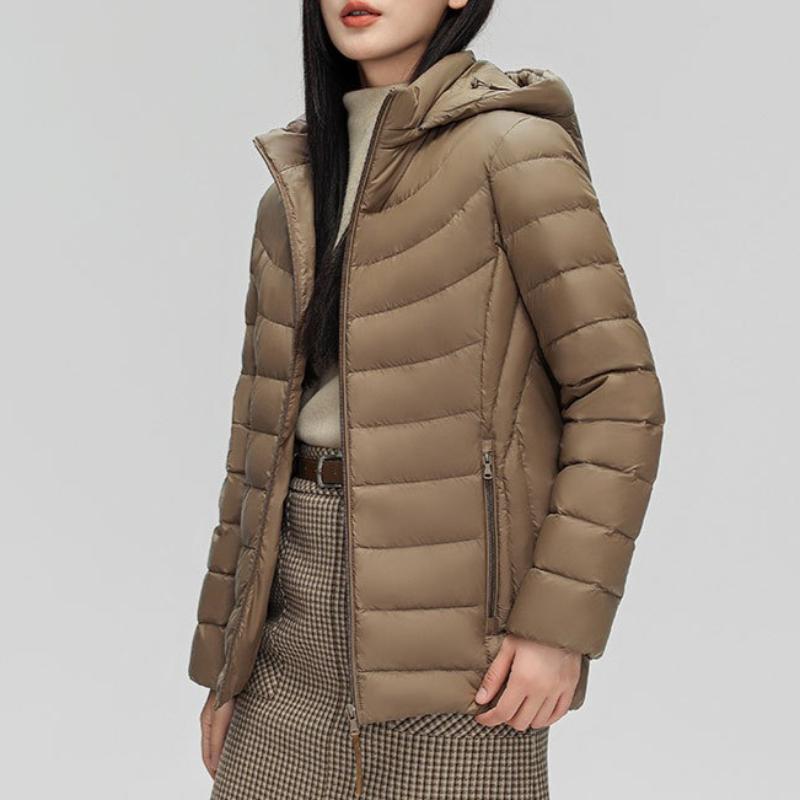 Женский пуховик с капюшоном, съемный, легкий, однотонный, простой, с 90% белого утиного пуха