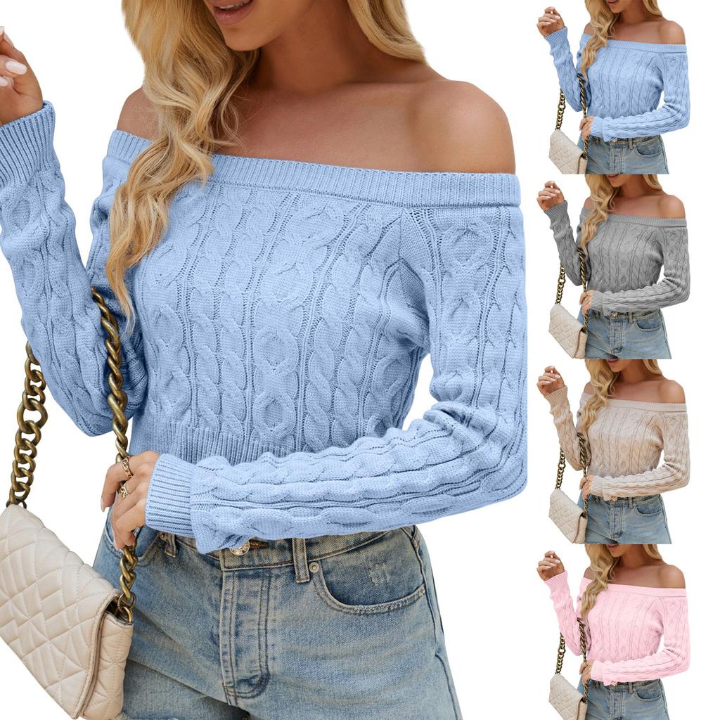 Женский свитер с открытыми плечами, однотонный, свободный, утягивающий, вязаный сверху иглой