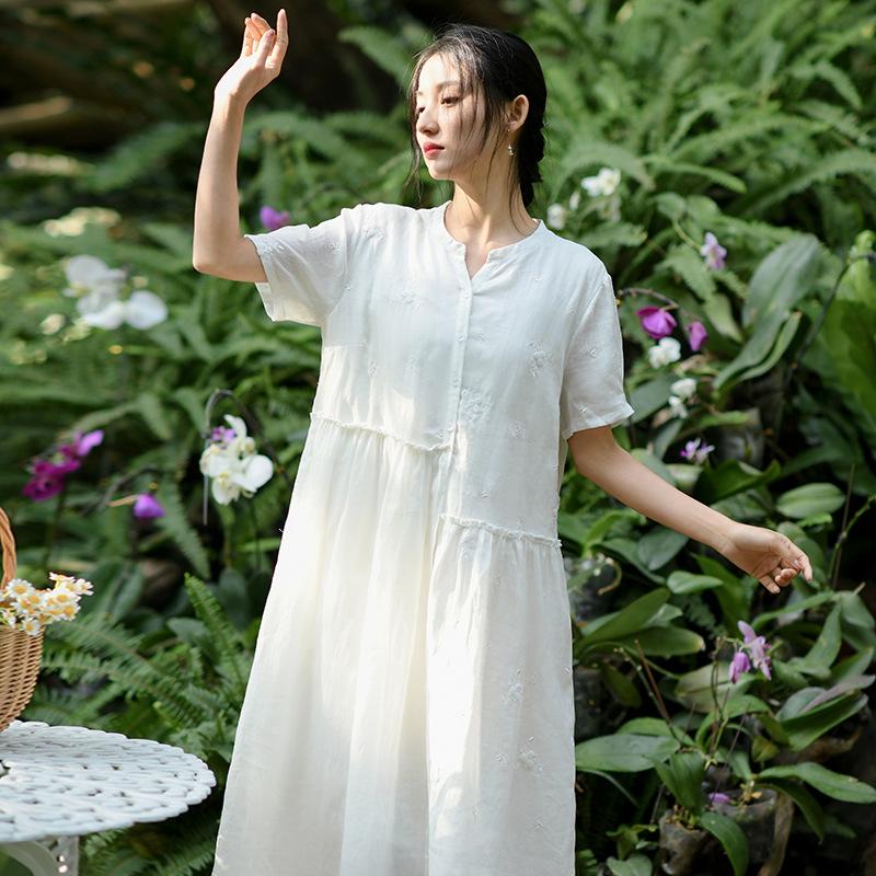 Johnature Женское винтажное платье с v-образным вырезом и коротким рукавом, лоскутное платье с цветочной вышивкой, летнее платье трапециевидной формы в китайском стиле