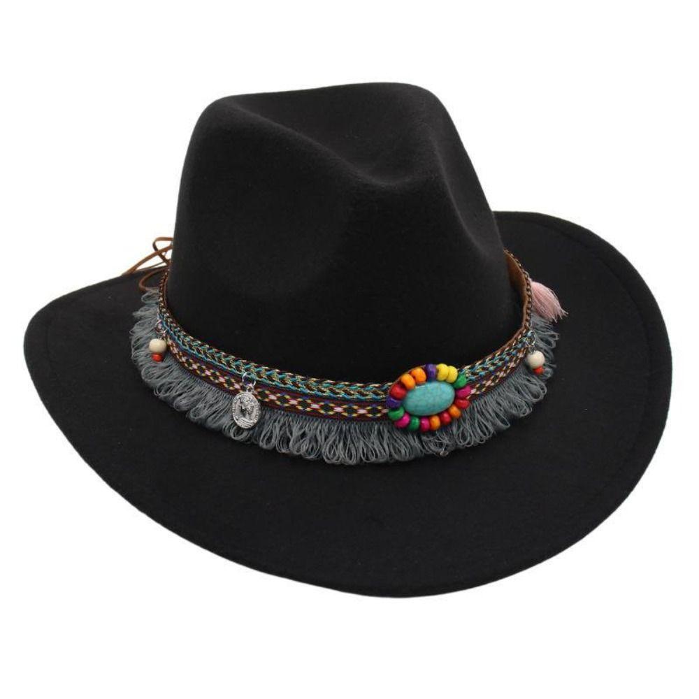 Woolen Cowgirl Jazz Hat Solid Color Top Hat Vintage Western Cowboy Hat Gentleman