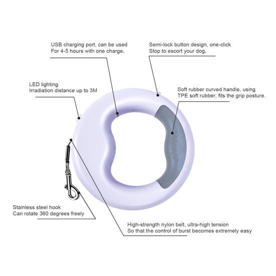 360 Degree Anti-Slip Handle Retractable Small Medium Dog Nylon Leash with LED