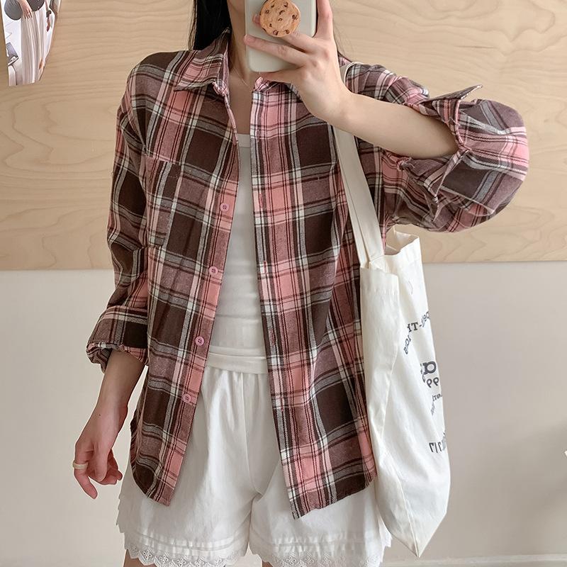 Spring and Autumn Hong Kong style retro plaid shirt women's new American loose shirt jacket medium and long long-sleeved top