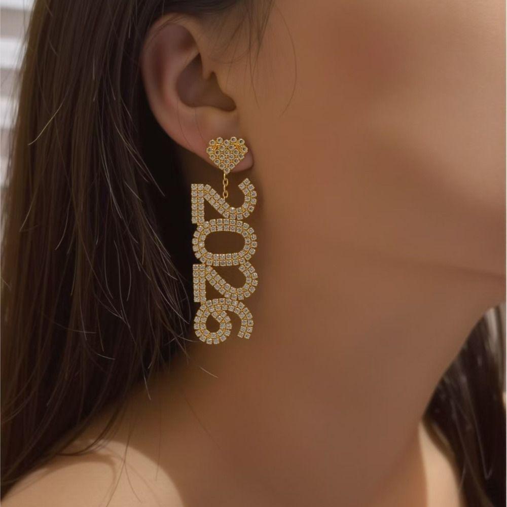 Aesthetic 2026 Stud Earrings Rhinestone Rhinestone Earrings Trendy New Year Earrings Girls
