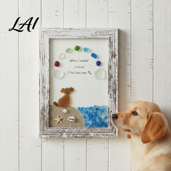 Creative Home Decoration Sea Glass Picture Frame with Puppy/Cat and Shell Beach Theme Ornament Handmade Artistic Photo for Living Room Wall Decor &