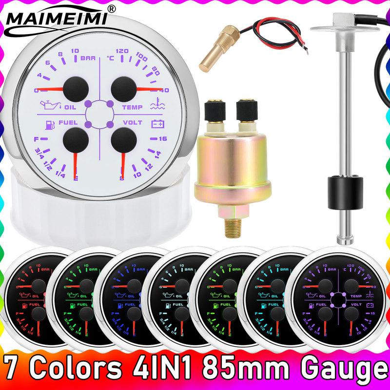 7 Colors 85MM Gauge 4IN1 Oil Pressure Gauge Fuel Level Water Temperature Meter Car Temp Sensor 10MM 1/8 NPT Fuel Levl Sensor