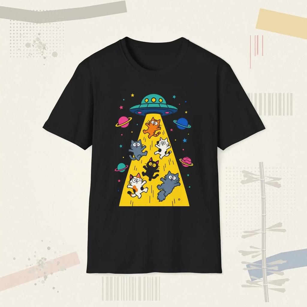 Cute Space Cat Illustration Alien Ufo Abduction Cats T Shirt Vintage Fashion Slightly Streetwear Breathable