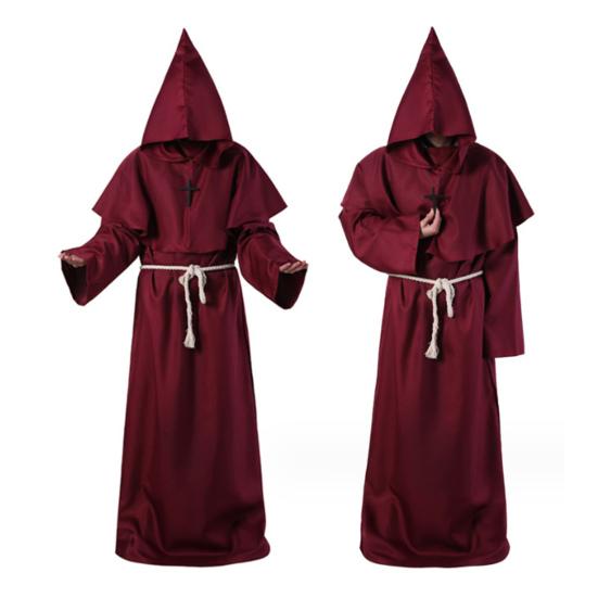4Pcs/Set Halloween Cloak Costume Medieval Monk Robe Wizard Cosplay Dance Fabric Cape with Strong Drape Big Hat Necklace Waist Rope
