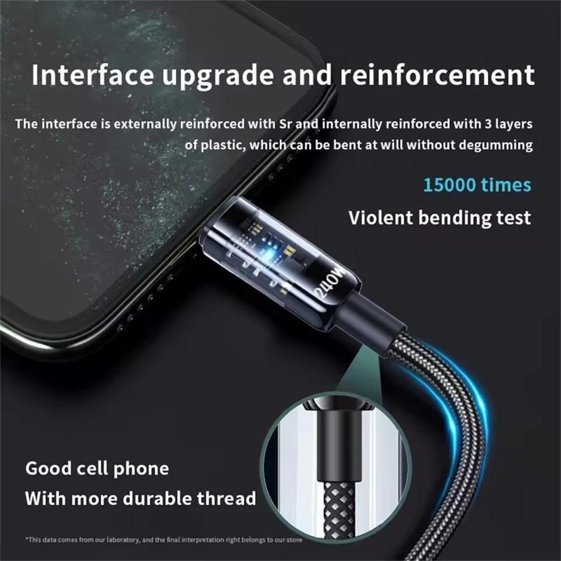 Кабель USB C для быстрой зарядки 240 Вт 10 А, нейлоновая оплетка, прозрачный кабель Type C для высокоскоростной зарядки для Samsung Huawei Mi, линия передачи данных