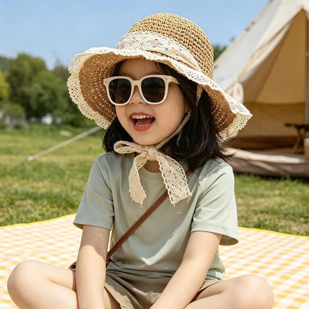 Foldable Design Straw Sun Hat Lace Up Detail Kids Sun Hat Fashion UV Protection Hat Beach Use
