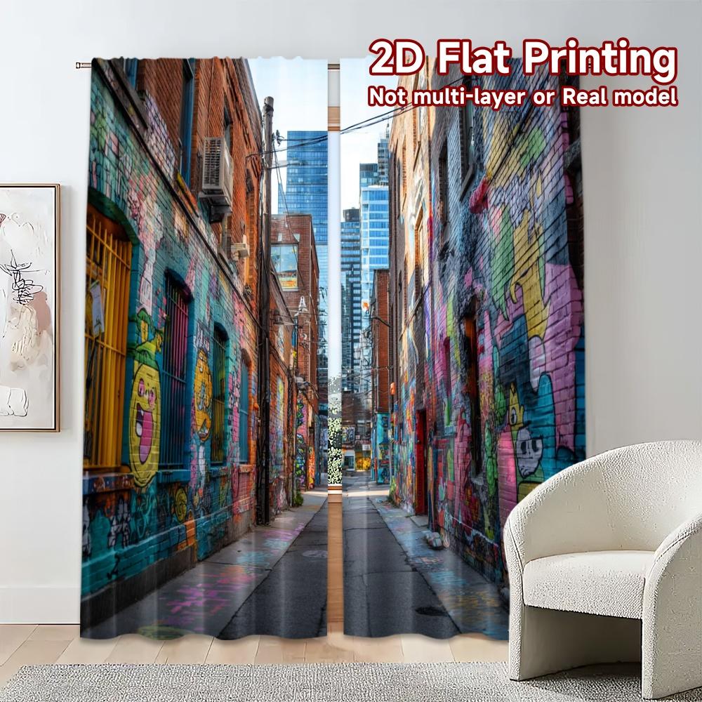 2pcs, 2D FLAT PRINTING Curtains (Without Rod) Graffiti Alleyway Chic Print Curtains Machine Washable Fabric Curtains Decorations