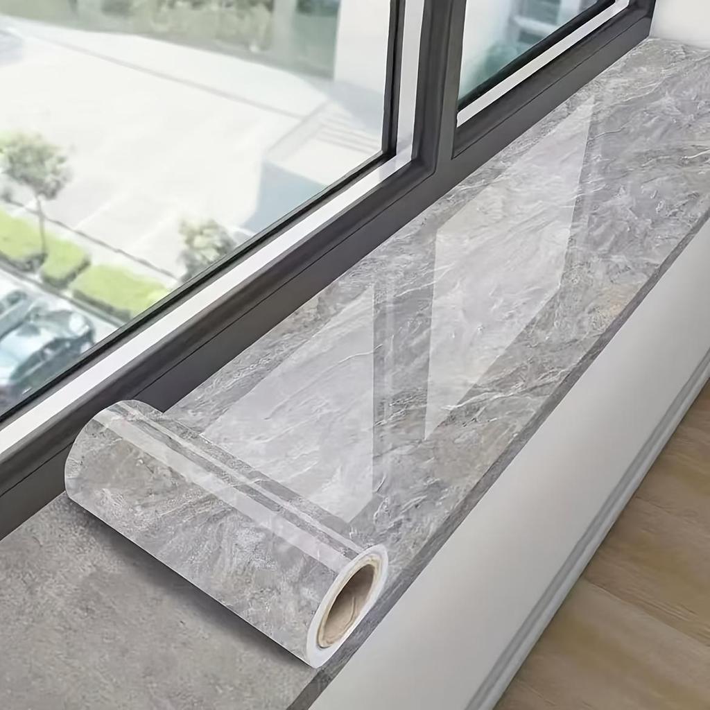 1 рулон самоклеящихся наклеек на подоконник - Белый и серый мраморный узор Винил Современная глянцевая отделка, Легкая установка по типу "сними и приклей" для поверхностей