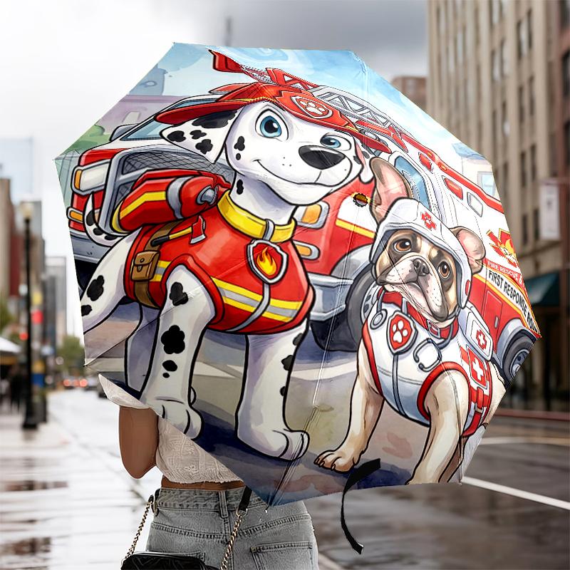 Firefighter Puppies Paw Saving The Day Automatic Folding Umbrella - 8-Rib Travel Umbrella with Auto Portable Case, Ideal Gift for Birthdays