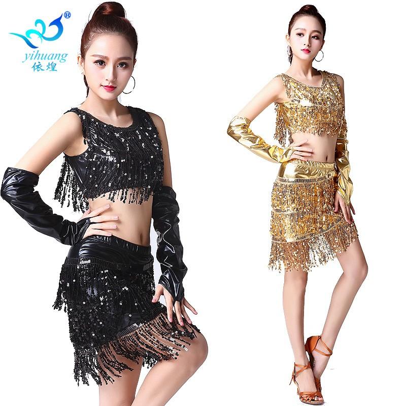 Womens Latin Dance Dress Split Tassel Set Sequined Stage Performance Costume Adult