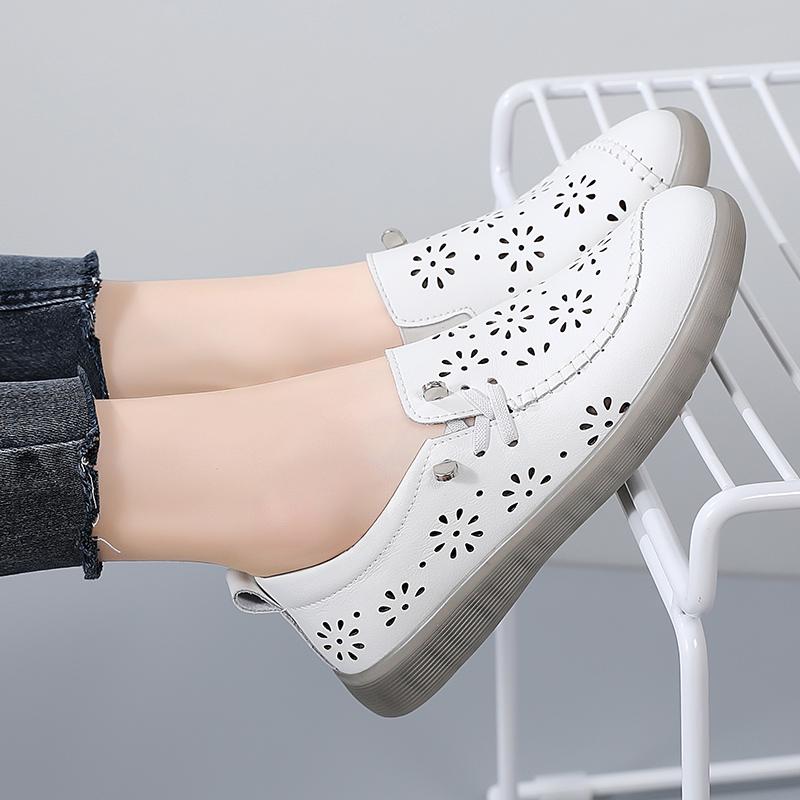 35-41 Women's Large Breathable Fashion Flat Leather Shoes with Hollow Out Shoes White Shoes Lefu Shoes