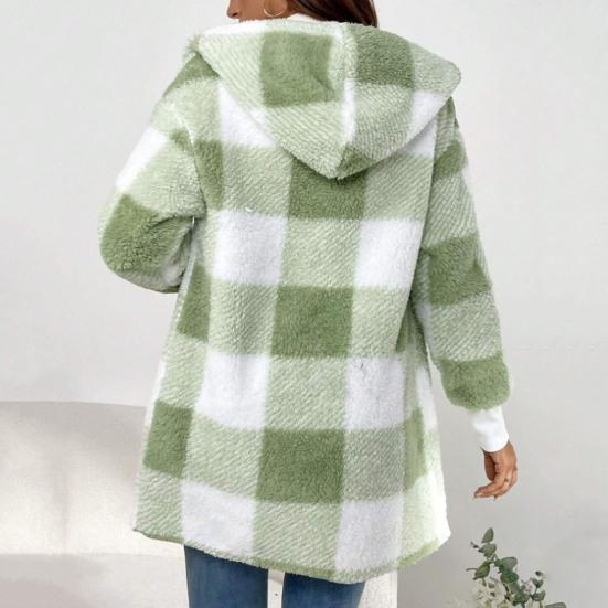 Зимний свитер, пальто с принтом в клетку, с капюшоном, толстый ветрозащитный кардиган с открытой строчкой, верхняя одежда, куртка средней длины из плюша для школьных путешествий