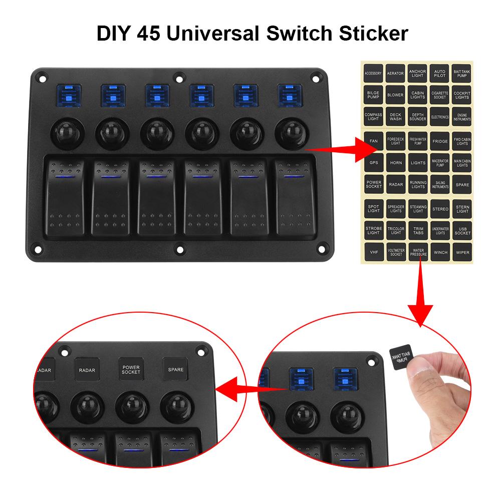 Marine Rocker Switch Panel 6 Gang Car Switch Panel Waterproof with Sticker Interior Parts LED Light 12~24V Circuit Control