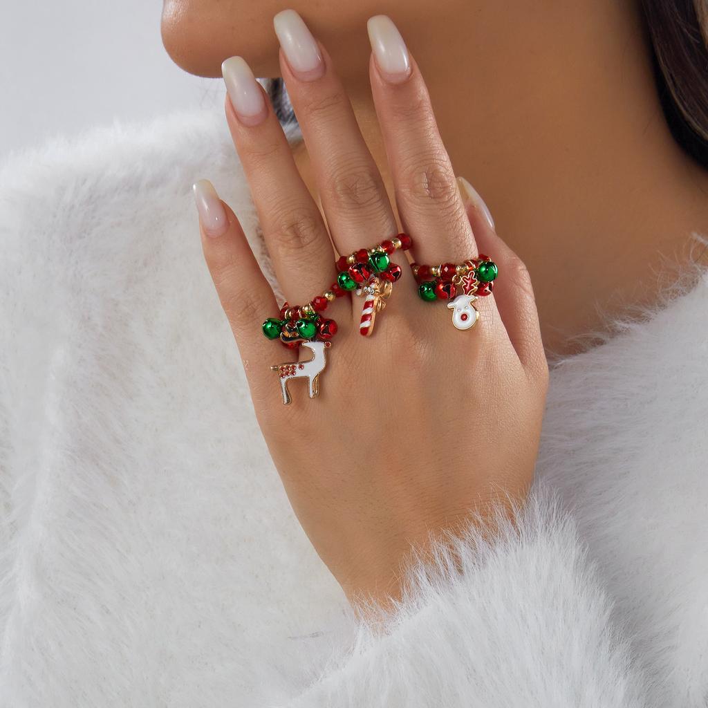 Christmas Red Crystal Beaded Rings for Women Enamel Reindeer Snowman Candy Cane Bell Xmas Tree Pendant Finger Ring Party Jewelry