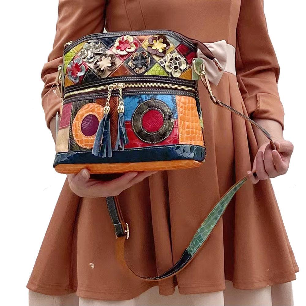 Ретро цветная кожаная женская сумка через плечо сумка-мессенджер в цветочном стиле модная женская сумка