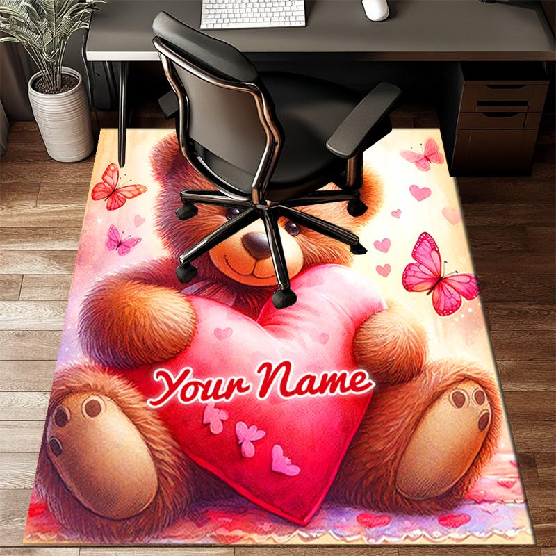 1PC Custom Name Teddy Bear Heart Theme Floor Mat Ideal for Living Room, Game Rooms, Office, Bedroom,Floor Mat Playful Design