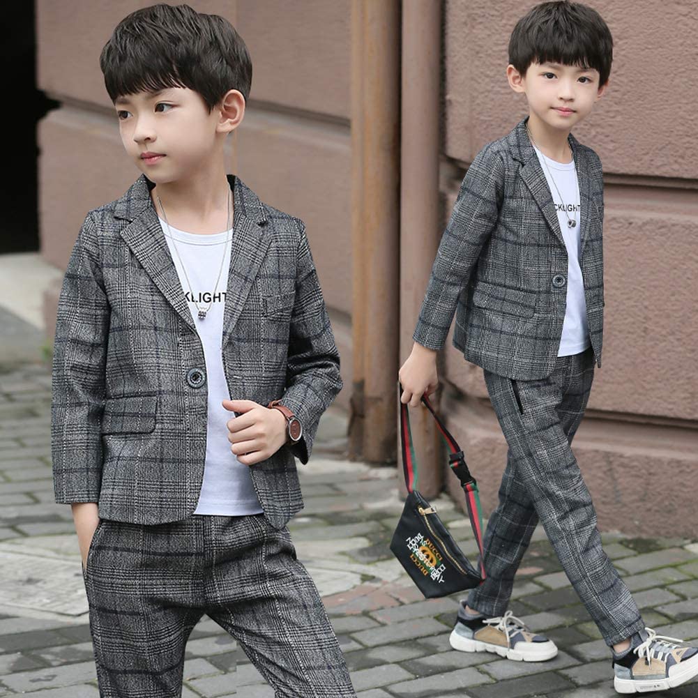 LOLANTA Children's Formal Suit, Boys' Formal Check Pattern 2-Piece Set, Gray, Size 150, for Entrance Ceremonies, Graduations, Recitals, Weddings, and