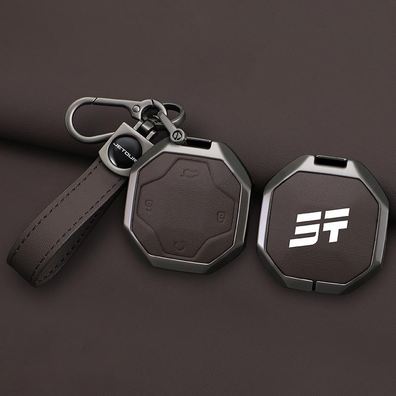 Auto Key Fob Cover Case Mount Housing Fit For Chery Auto Jetour Traveller Jetour T2 Zinc Alloy Genuine Leather Protect Key Ring Auto Accessories