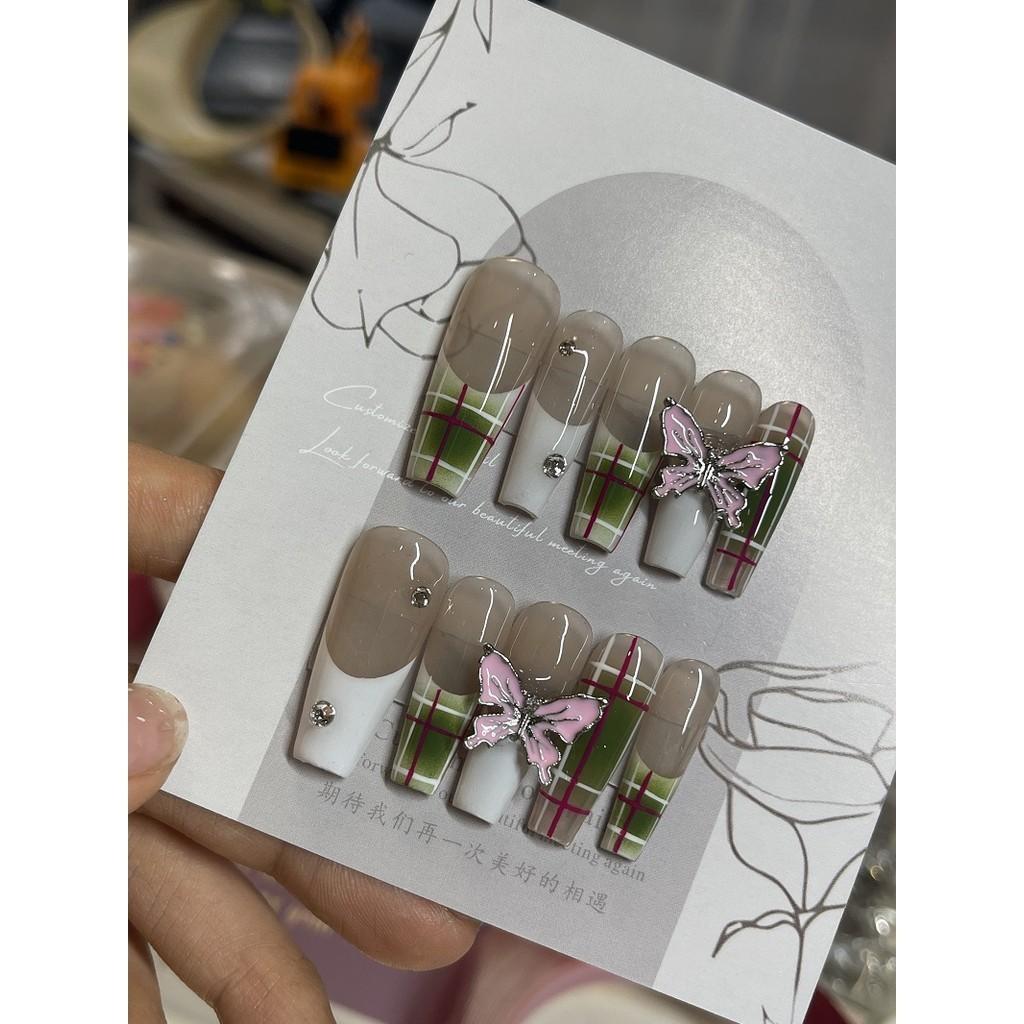 Искусственные ногти ручной работы, плед из сплава, розовая бабочка, длинные трапециевидные ногти для фототерапии, накладные ногти, многоразовые и съемные ногти