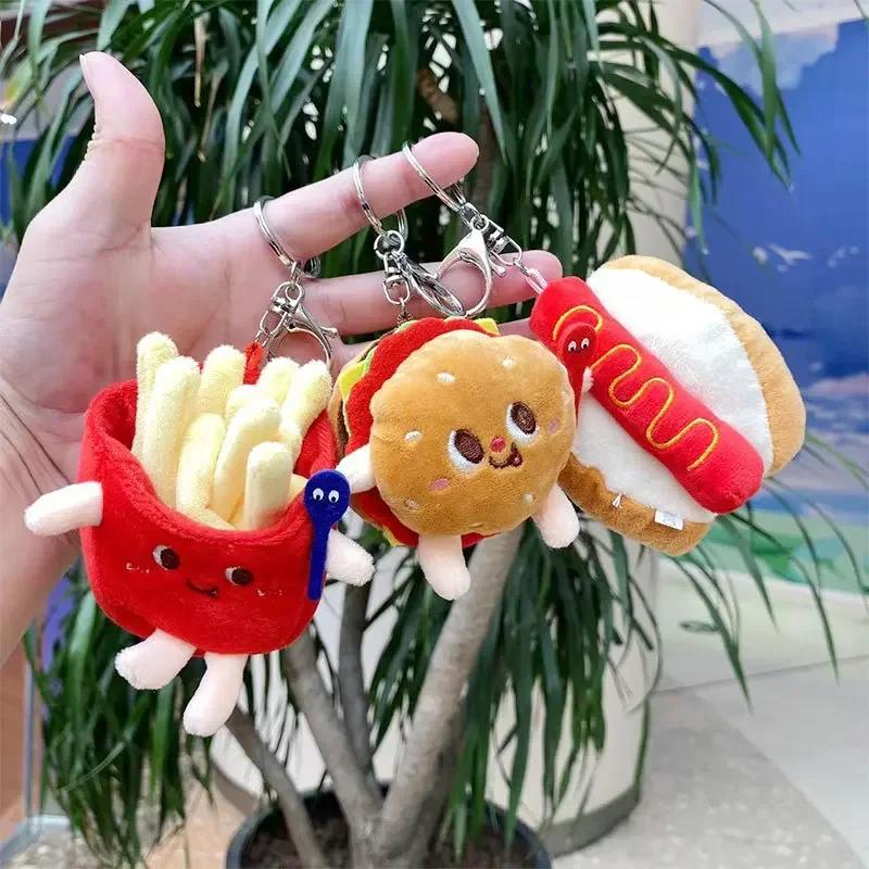 Cute Burger Hot Dog Plush Pendant Keychain Car Key Ring Accessories Decorative Gadget Interior Adorns Ornaments
