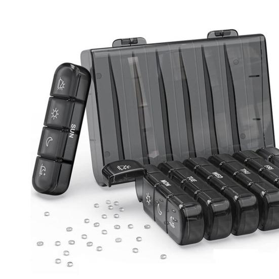 Еженедельный органайзер для таблеток 4 раза в день, 28 отделений, прочный, прозрачный, черный, для путешествий на 7 дней, контейнер для хранения таблеток и капсул