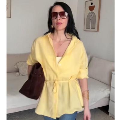 Женская модная рубашка с многоцветным принтом, подчеркивающая талию завязками