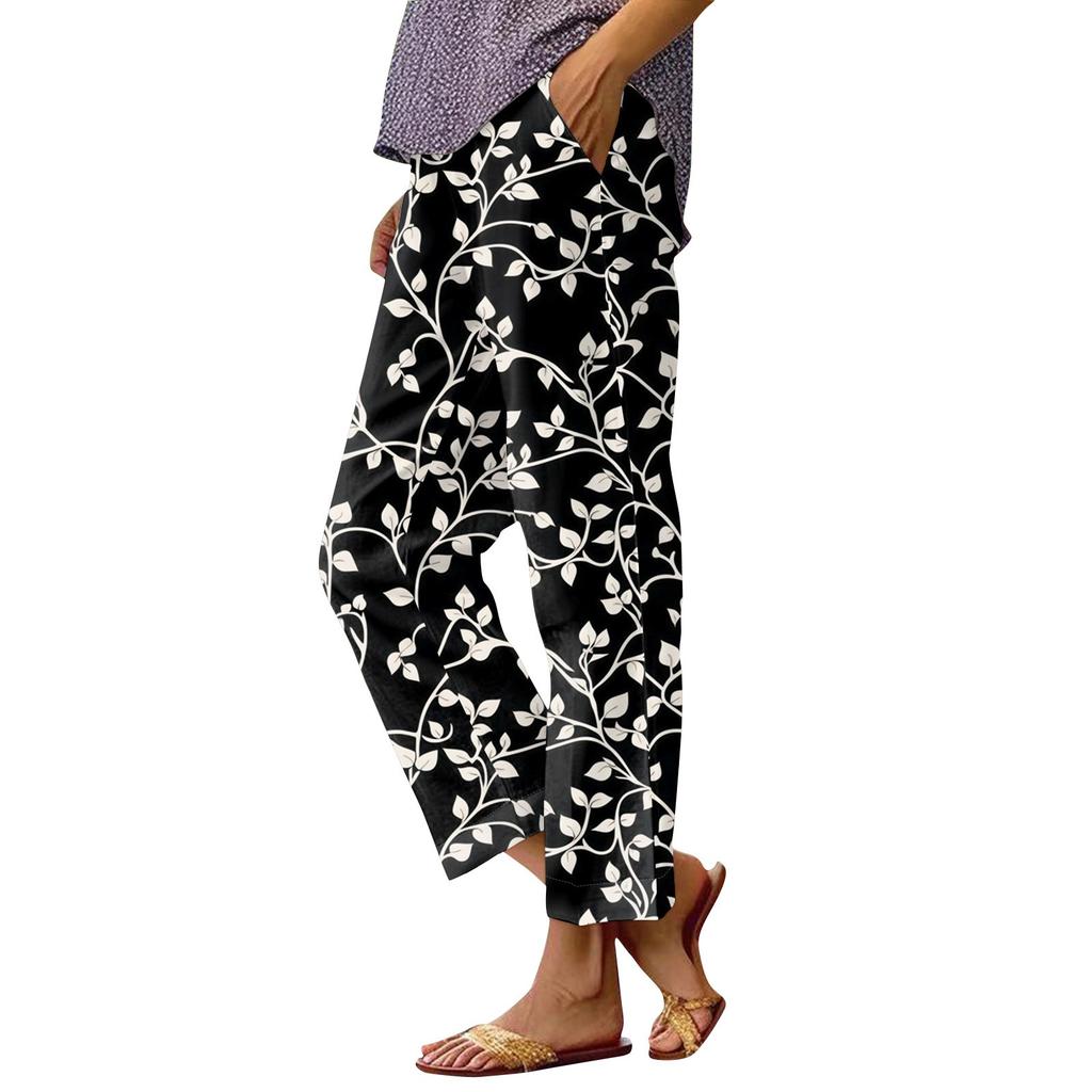 Women's Fashionable Floral Print Straight Leg Pocket Elastic Waist Casual Pants Pants