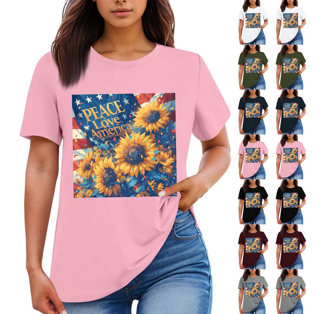 Women's Round Neck Casual Independence Day Printed Short Sleeve T-Shirt Top