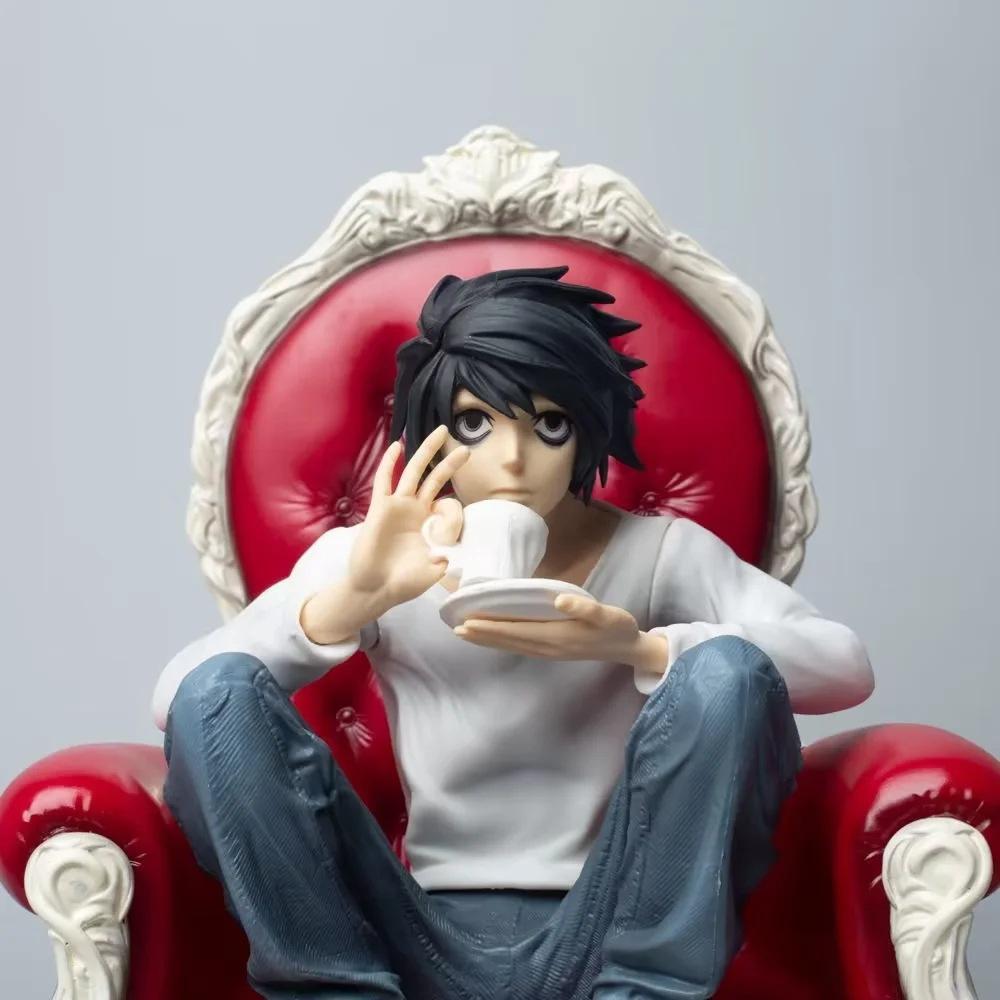Death Note L  Statue 24cm Sitting On Luxury Chair Drinking Coffee Collectible Anime Model Boxed Desktop Ornament For Anime Fans