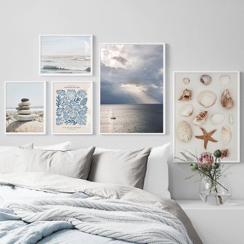 Океан Парусник Пляж Ракушка Краб Раковина Пейзаж Плакаты И Принты Настенное Искусство Холст Масло Живопись Картины Для Декора Гостиной