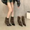 2024 Winter Leopard-print Mid-calf Women's Boots Vintage Skinny Heel Pointy French Fashion High-heeled Boots