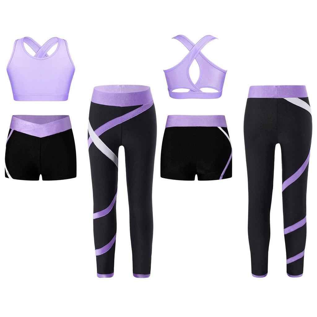 Kids 3 Piece Dance Outfit Tracksuit Girls Cross Nack Tank Sport Bra with Yoga Pants Leggings Ballet Shorts Set