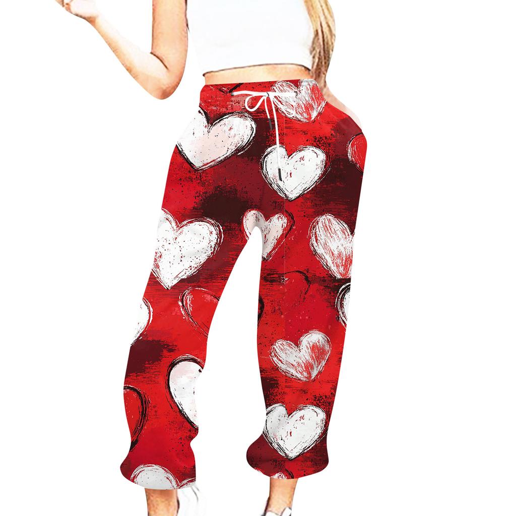 Женская повседневная мода День святого Валентина Повседневные брюки с принтом Спортивные брюки Брюки с эластичной резинкой на талии со шнурком Брюки со шнурком