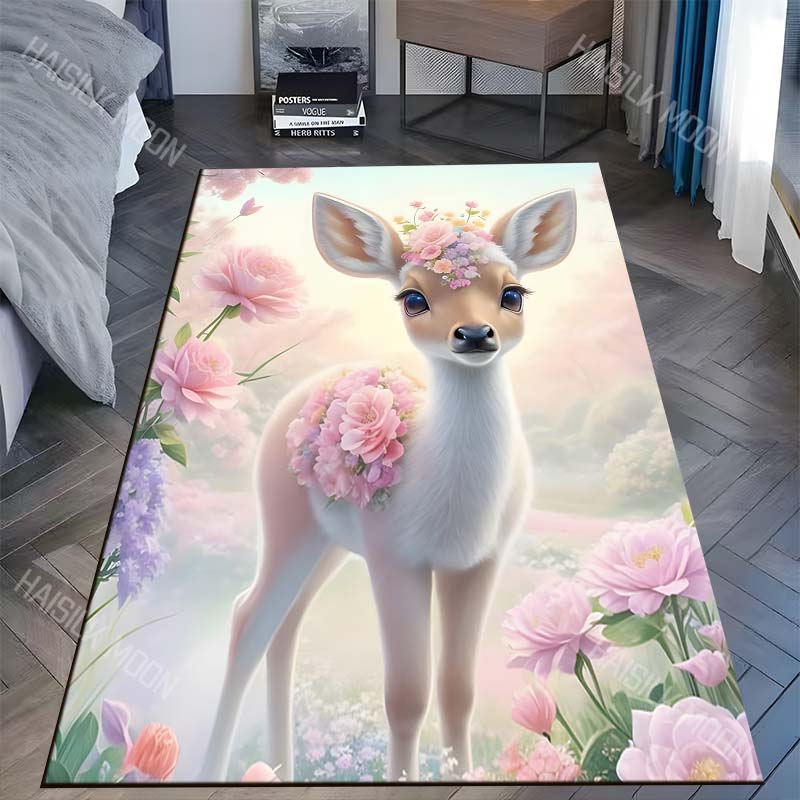 1PC Flower crowned fawn amid pastel blossoms Carpet for Living Room Bedroom Sofa Home Decor Rus Non-slip Floor Mat Luxury Gift